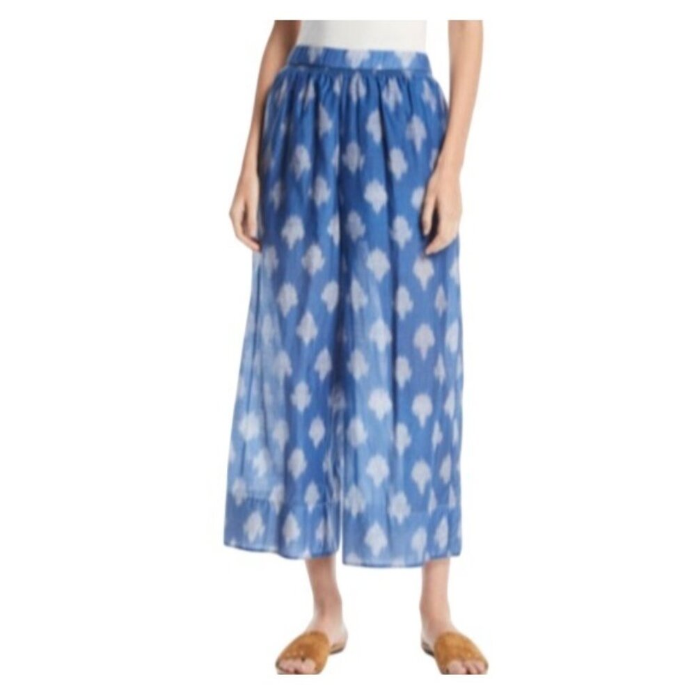 Theory Smocked Culotte Wide Leg Crop Pant In Spot Ikat Lawn Blue/White Size M